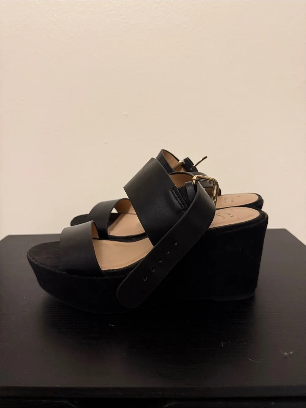 a new day Black Platform Wedge Sandals with Wide Straps